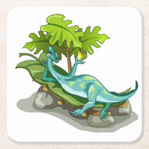 Dessous-de-verre Carré En Papier Illustration D'Un Bain De Soleil Iguanodon.