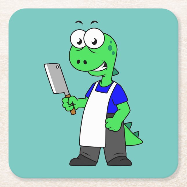 Dessous-de-verre Carré En Papier Illustration D'Un Boucher Rex Tyrannosaurus. (Devant)