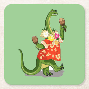 Dessous-de-verre Carré En Papier Illustration D'Un Brontosaurus Jouant À Maracas.