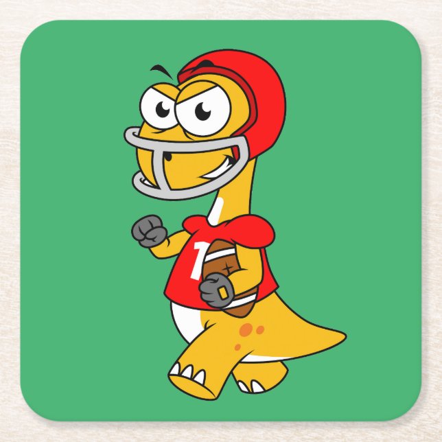 Dessous-de-verre Carré En Papier Illustration D'Un Brontosaurus Jouant Au Football. (Devant)