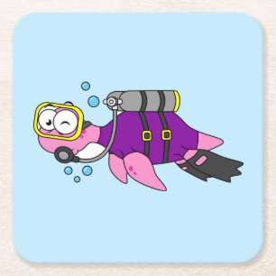 Dessous-de-verre Carré En Papier Illustration D'Un Loch Ness Monster Scuba Diver.