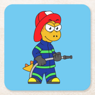 Dessous-de-verre Carré En Papier Illustration D'Un Pompier Tyrannosaurus Rex.