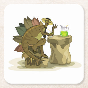 Dessous-de-verre Carré En Papier Illustration D'Un Stegosaurus Qui Boit Une Boisson