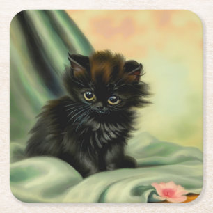 Dessous-de-verre Carré En Papier Illustration vintage de Kitten noir