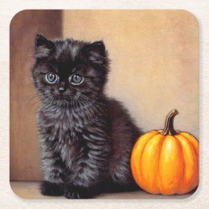Dessous-de-verre Carré En Papier Illustration vintage Halloween Black Kitten