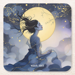 Dessous-de-verre Carré En Papier Imaginaire Femme mignonne Arbres Lune