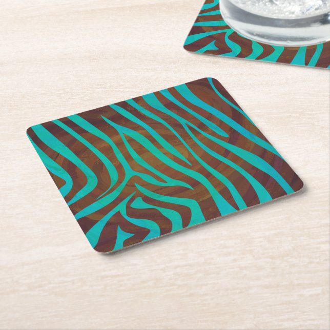 Dessous-de-verre Carré En Papier Impression Brown et Turquoise Zebra (Incliné)