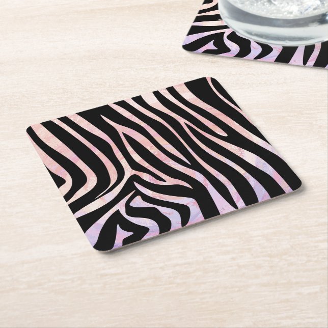 Dessous-de-verre Carré En Papier Impression noire et rose Zebra (Incliné)