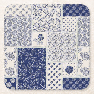 Dessous-de-verre Carré En Papier Indigo Bleu Beige Floral Patchwork