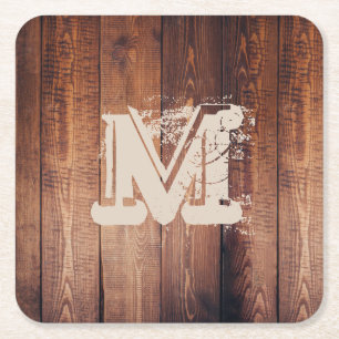 Dessous-de-verre Carré En Papier Initiale décorée d'un monogramme en bois rustiqu