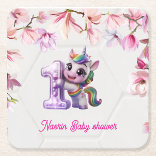 Dessous-de-verre Carré En Papier Invitation à une baby shower avec licorne