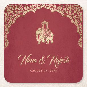 Dessous-de-verre Carré En Papier Invitation de mariage indien, Rouge, Or, Ganesha
