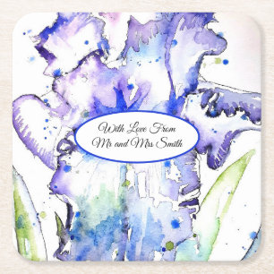 Dessous-de-verre Carré En Papier Iris violets aquarelle mariage bleu