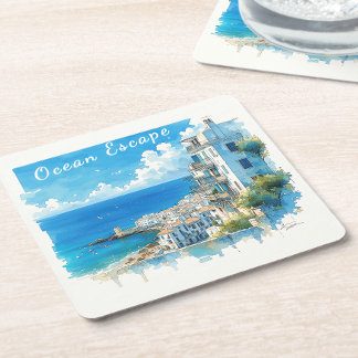 Dessous-de-verre Carré En Papier Italian Seaside Town Watercolor Ocean Escape