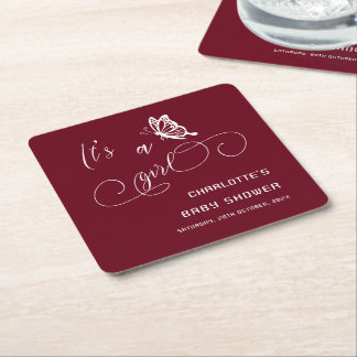 Dessous-de-verre Carré En Papier It's A Girl Modern Minimal Butterfly Baby Shower