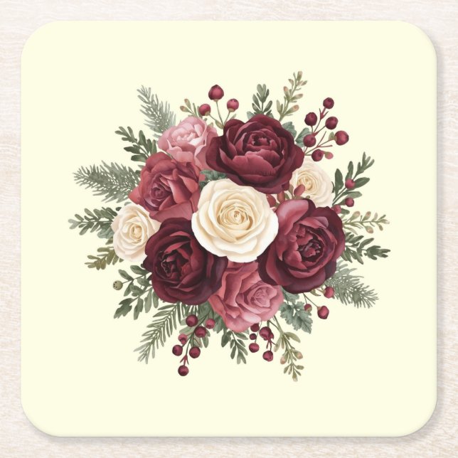 Dessous-de-verre Carré En Papier Ivory and Burgundy Floral Wedding  (Devant)