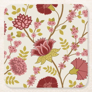 Dessous-de-verre Carré En Papier Jacobean Floral Lg Motif Reds Pinks Gold Crème