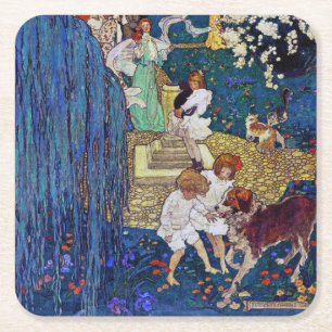 Dessous-de-verre Carré En Papier Jardin avec chien et chat, Jessie Willcox Smith