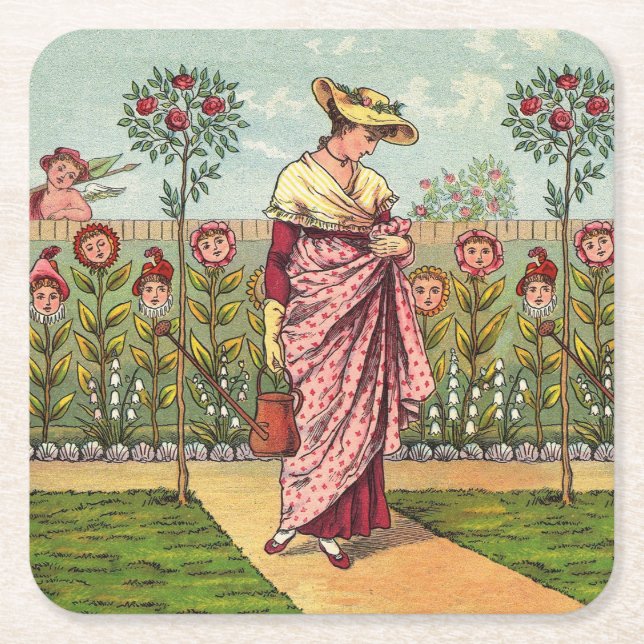 Dessous-de-verre Carré En Papier Jardin Cultivation Flower Woman Art Antique (Devant)