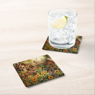 Dessous-de-verre Carré En Papier Jardin de tournesol 13 Maisons d'oiseaux Oiseaux b
