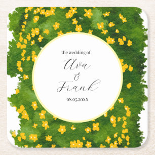Dessous-de-verre Carré En Papier Jardin Floral Jaune Aquarelle Mariage Blanc