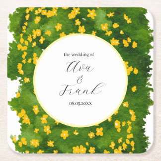 Dessous-de-verre Carré En Papier Jardin Floral Jaune Aquarelle Mariage Blanc