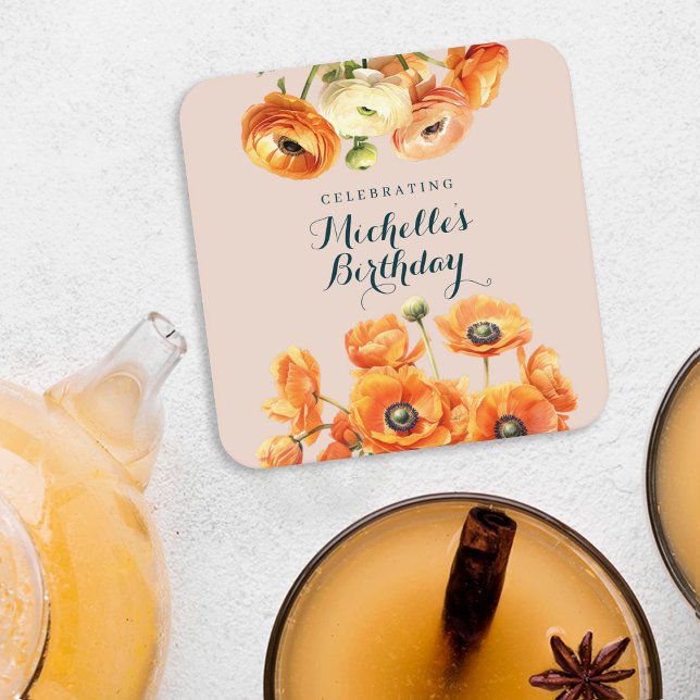 Dessous-de-verre Carré En Papier Jardin rose orange rustique Fête d'anniversaire (Créateur téléchargé)