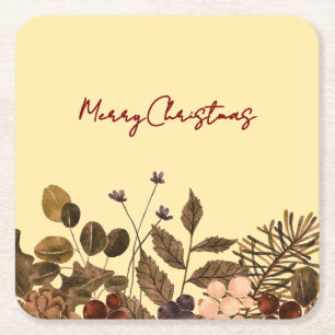 Dessous-de-verre Carré En Papier Jaune Beurre et Rouge Profond Floral Joyeux Noël