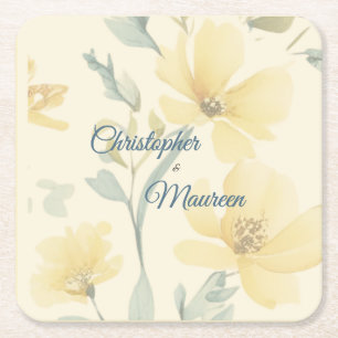 Dessous-de-verre Carré En Papier Jaune Beurre Pâle Fleurs Bleues Tendres Mariage