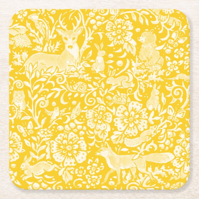 Dessous-de-verre Carré En Papier Jaune Bois Animal Floral Nature Fox Rabbit (Devant)