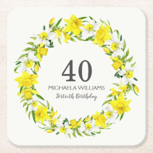 Dessous-de-verre Carré En Papier Jaune Daffodiles Blanches Wreath 40e anniversaire
