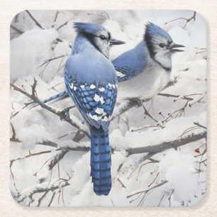 Dessous-de-verre Carré En Papier Jays bleus dans un arbre à neige