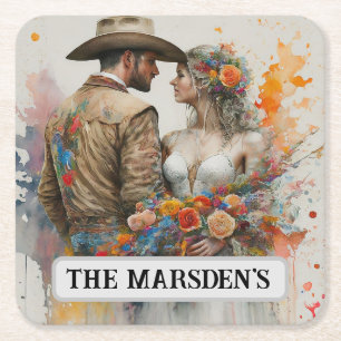 Dessous-de-verre Carré En Papier Jeunes mariés Country Western Aquarelle