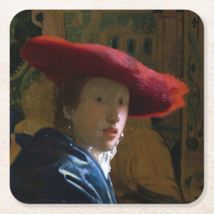 Dessous-de-verre Carré En Papier Johannes Vermeer - Fille avec un Casquette rouge