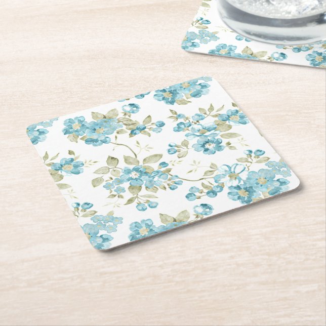 Dessous-de-verre Carré En Papier Joli aquarelle floral vert olive aqua turquoise (Incliné)