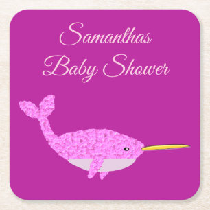 Dessous-de-verre Carré En Papier Joli bébé rose fille Narwhal Baby shower personnal