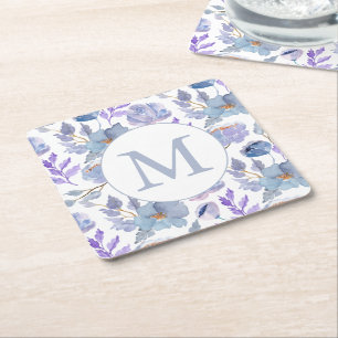 Dessous-de-verre Carré En Papier Joli bleu bleu Lilac Aquarelle Floral Monogramme