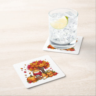 Dessous-de-verre Carré En Papier Joli Chat d'Automne avec Citrouilles de Café Glacé