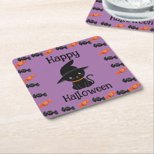 Dessous-de-verre Carré En Papier Joli chat noir en chapeau de sorcière Joyeux Hallo