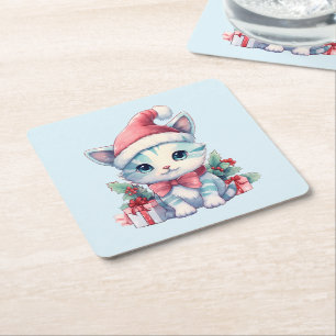 Dessous-de-verre Carré En Papier Joli chaton en chapeau de Père Noël pour Noël