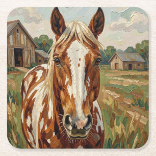 Dessous-de-verre Carré En Papier Joli cheval brun et blanc dans une ferme rustique