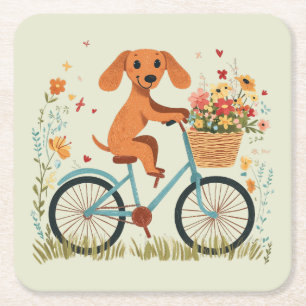 Dessous-de-verre Carré En Papier Joli chien teckel à vélo Fleurs printanières