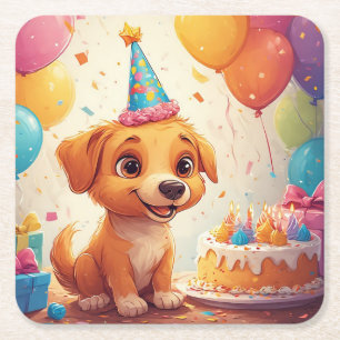 Dessous-de-verre Carré En Papier Joli chiots célébrant une fête d'anniversaire avec