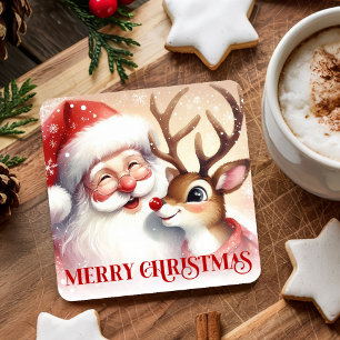 Dessous-de-verre Carré En Papier Joli design aquarelle du Père Noël Rudolph pour de