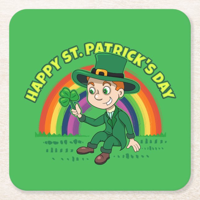 Dessous-de-verre Carré En Papier Joli dessin animé leprechaun avec shamrock et arc- (Devant)