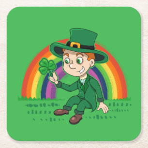 Dessous-de-verre Carré En Papier Joli dessin animé leprechaun avec shamrock et arc-