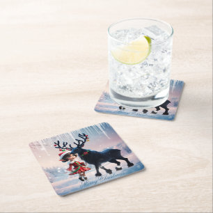 Dessous-de-verre Carré En Papier Joli elfe de Noël et rennes foncés.