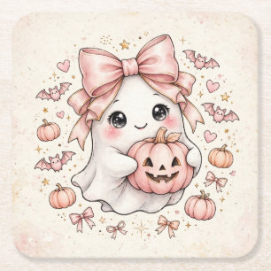 Dessous-de-verre Carré En Papier Joli Fantôme à Ruban Rose Halloween Citrouille Fêt