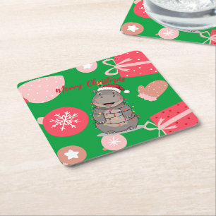 Dessous-de-verre Carré En Papier Joli hippopotame joyeux arbre de Noël zoo safari N