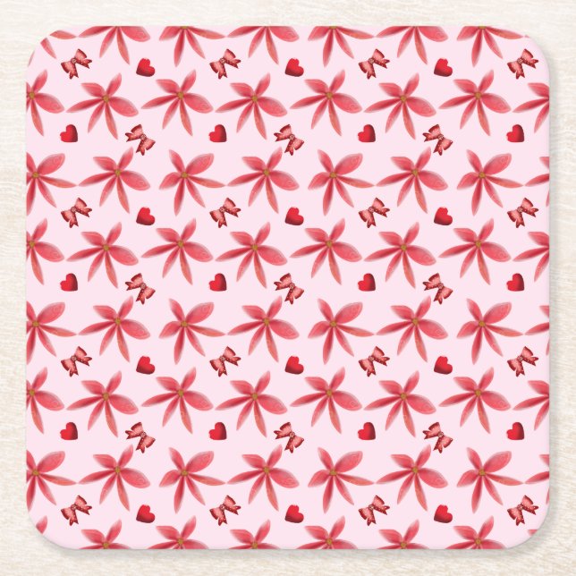 Dessous-de-verre Carré En Papier Joli motif floral rouge en forme de cœur sans cout (Devant)